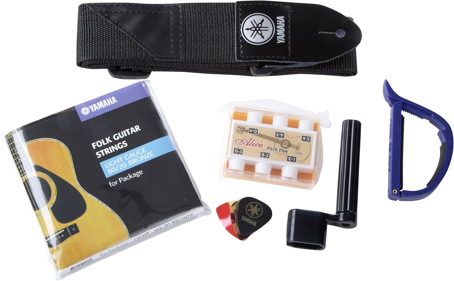 Kit de acessórios para violão Yamaha F310P incluindo alça, palheta, capotraste e afinador