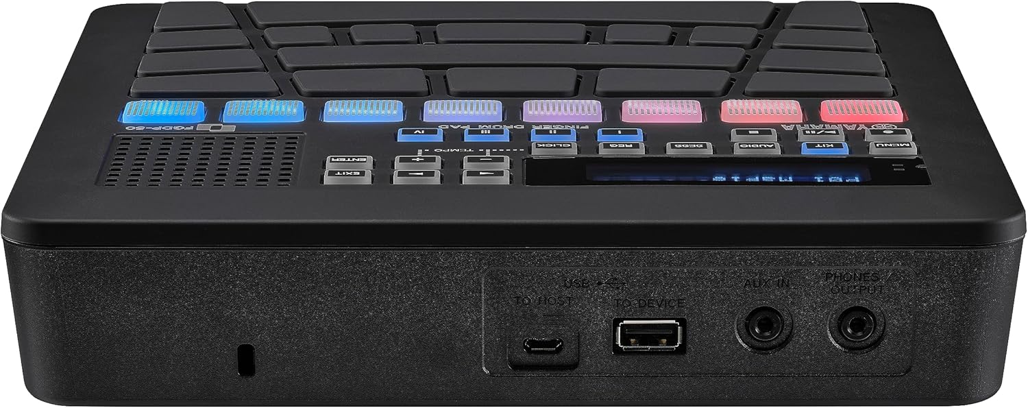 Imagem lateral frontal da bateria eletrônica Yamaha FGDP-50 mostrando pads RGB e conexões USB e AUX