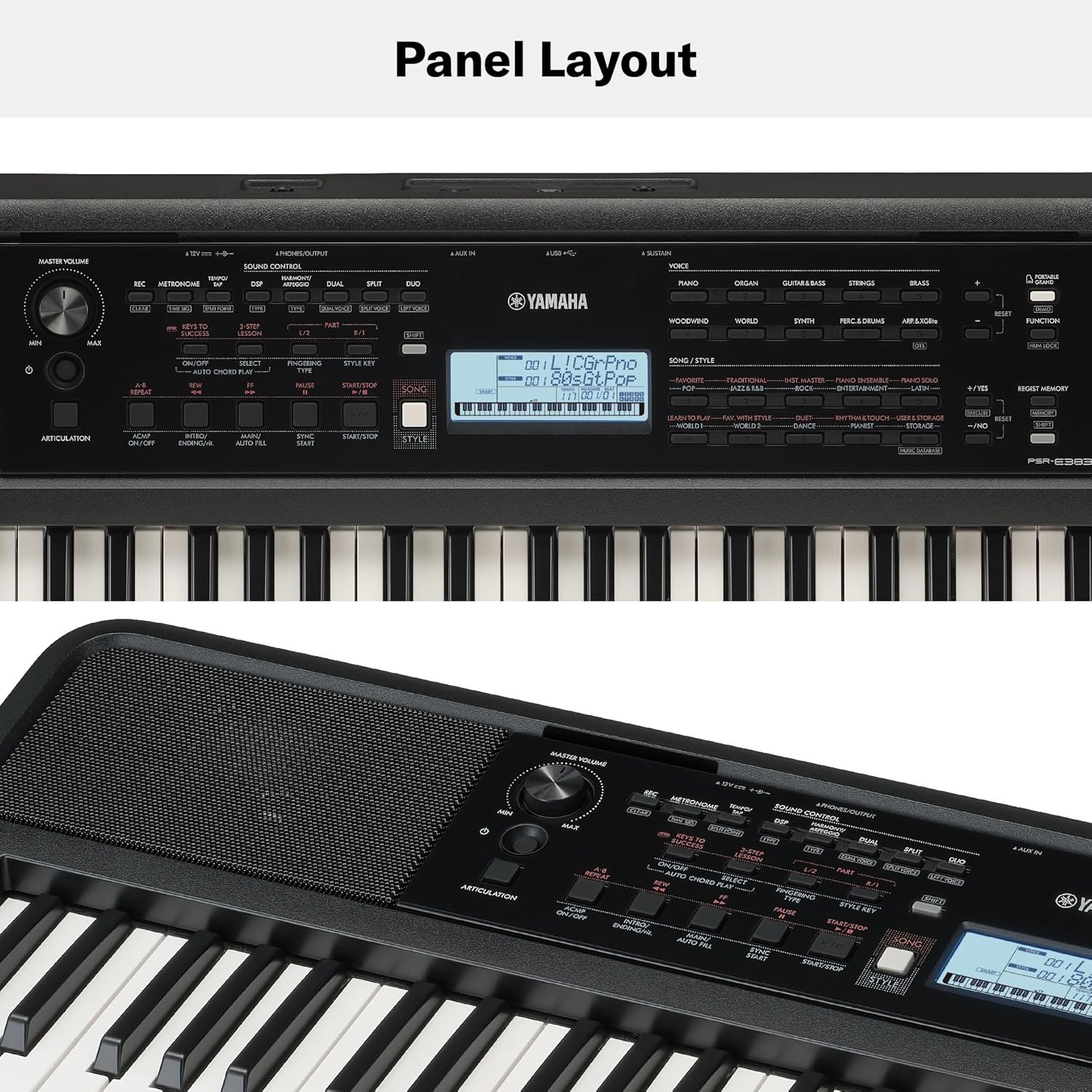 Layout do painel do teclado Yamaha PSR-E383 com botões e display LCD