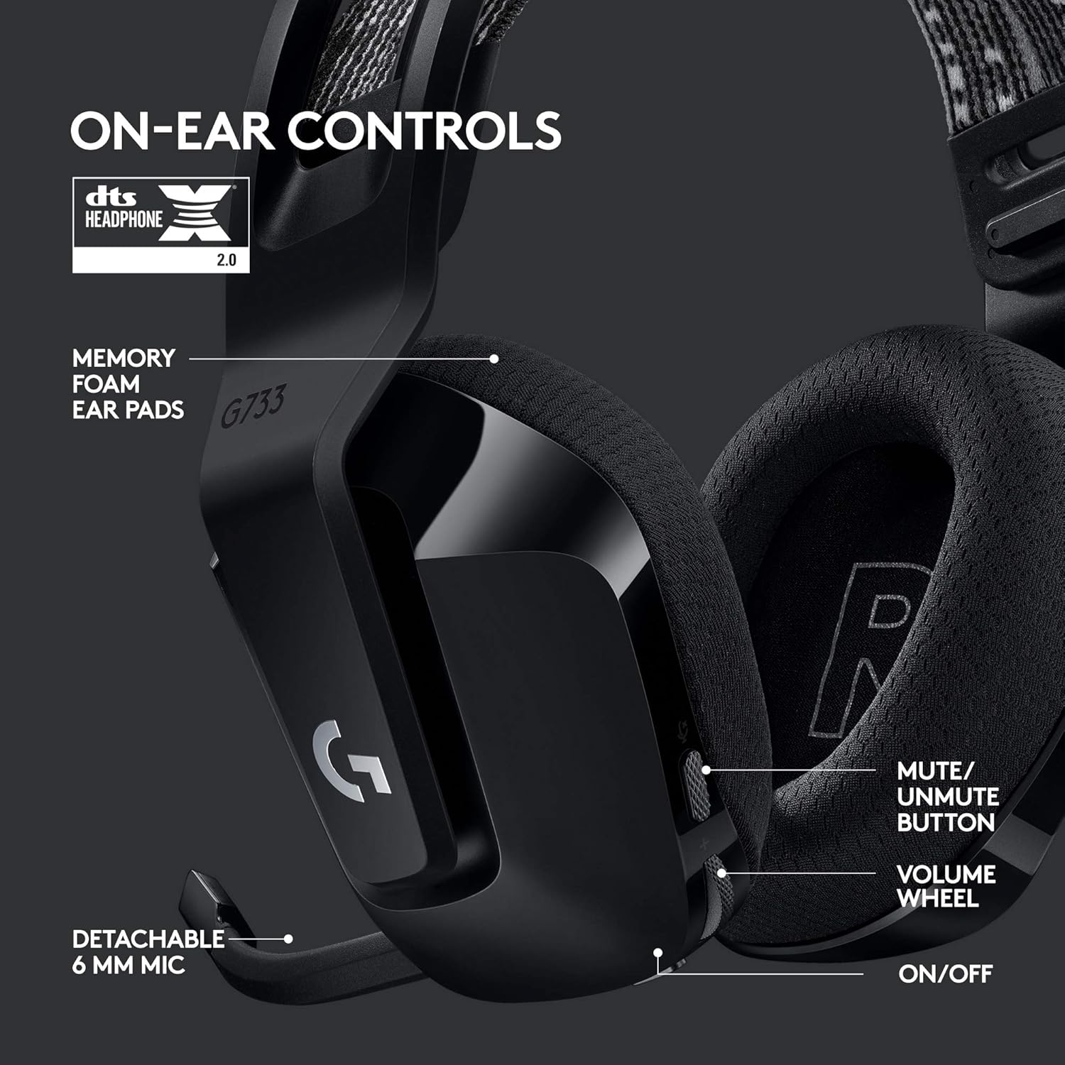 Detalhe do headset Logitech G G733 mostrando iluminação frontal RGB LIGHTSYNC personalizável