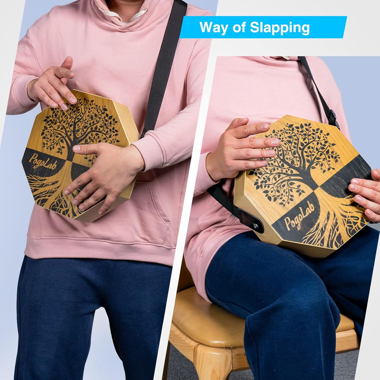 Pessoa tocando o cajón POGOLAB sentado e em pé, mostrando uso e portabilidade