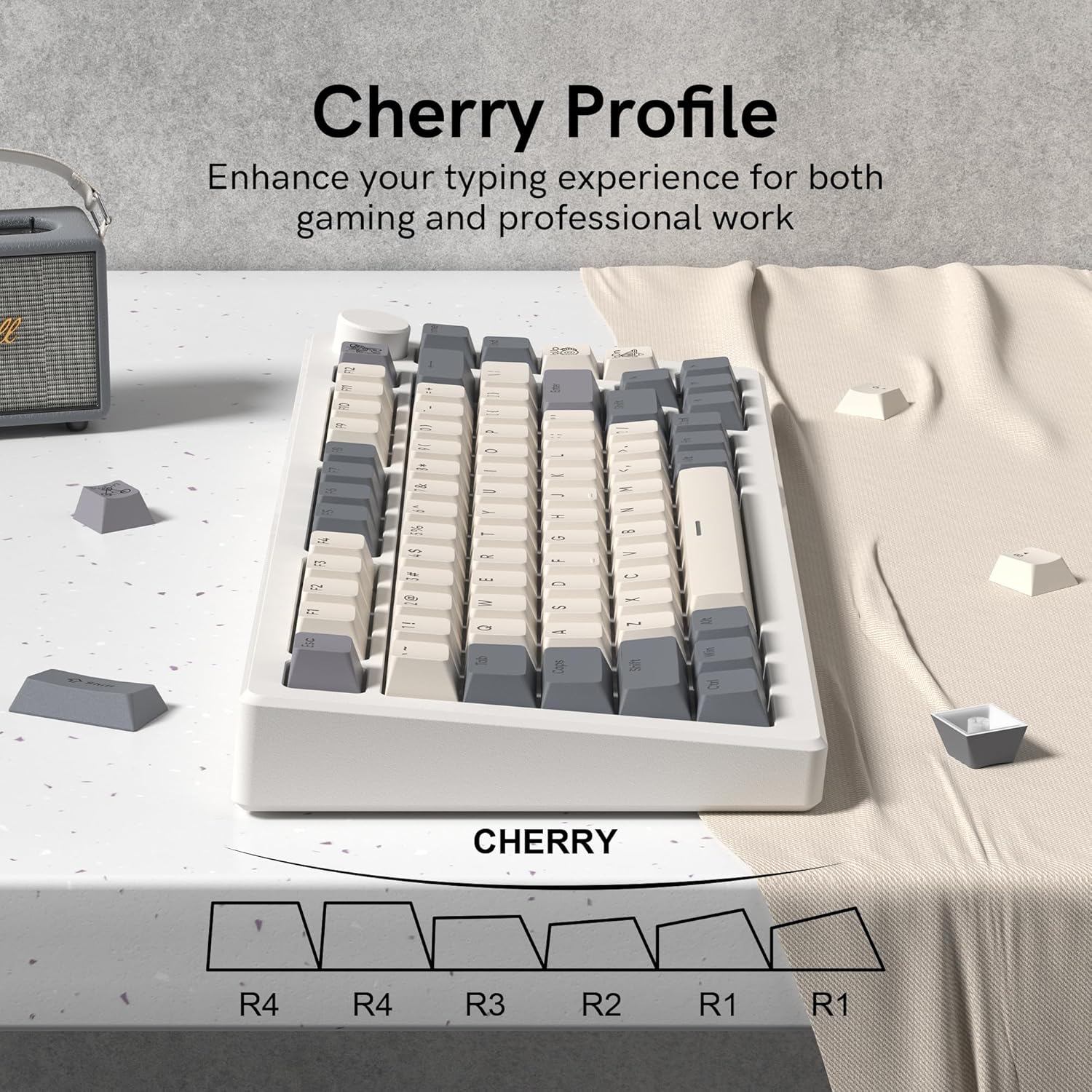 Teclas Double Shot PBT perfil Cherry em uso sobre mesa clara