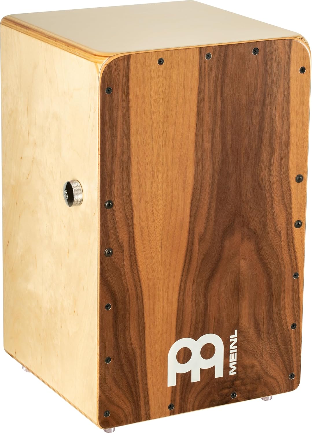 Cajon Meinl Percussion Snarecraft Professional SCP100WN com frente em madeira de nogueira, corpo em madeira clara, formato retangular com cantos arredondados.