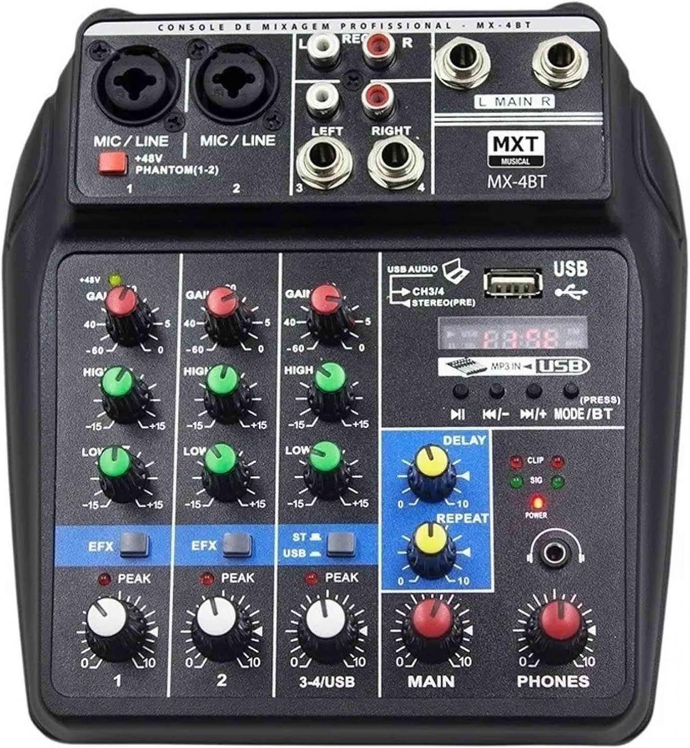 Mesa de som profissional MXT modelo MX-4BT com 4 canais e conectividade Bluetooth e USB