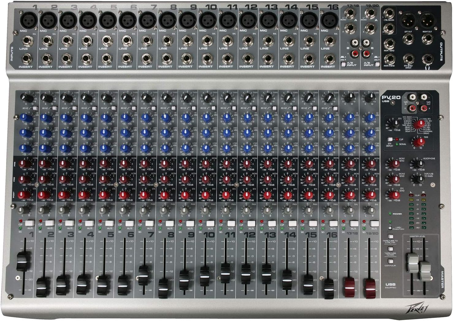 Mesa de som Peavey PV20 com 20 canais, acabamento em metal prateado