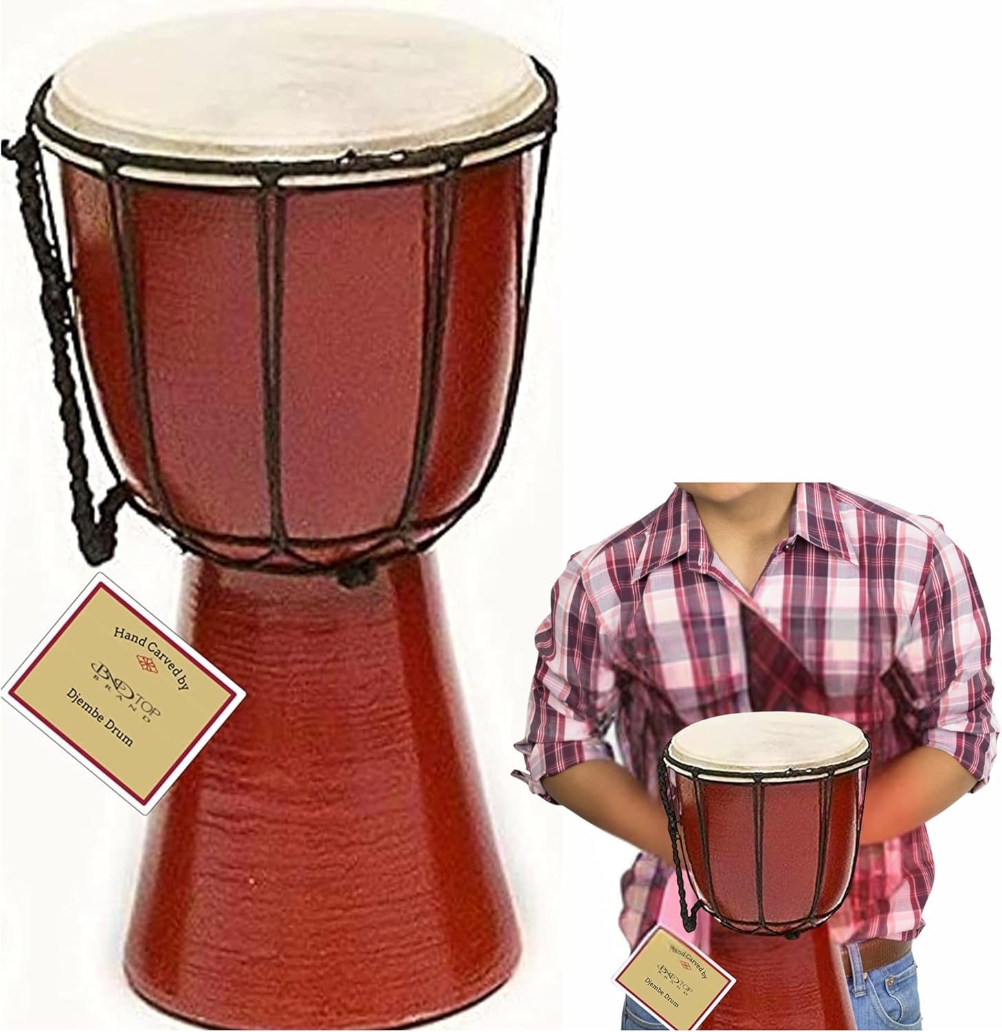 Tambor africano Djembe infantil da marca B.N.D TOP com corpo em madeira marrom avermelhada e pele de cabra natural esticada, em fundo branco.
