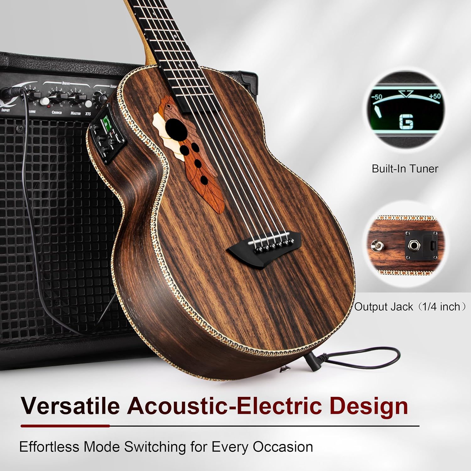 Guitarlele Caramel CB904G conectado a um amplificador, mostrando design acústico-elétrico versátil.