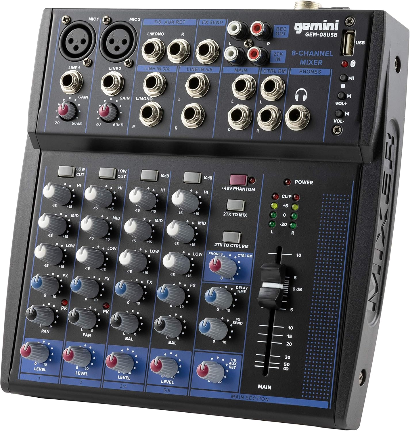 Mixer de áudio compacto Gemini Sound GEM-08USB com 8 canais e painel frontal preto com detalhes em azul