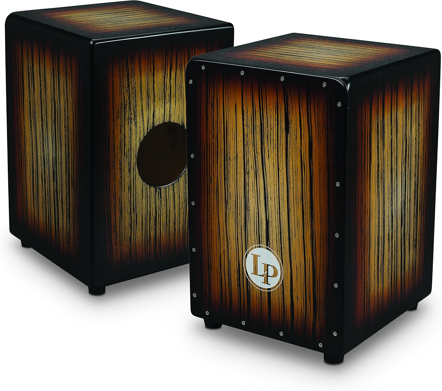 Duas unidades do cajon Latin Percussion LPA1332-SBS Sunburst Streak mostrando frente e verso