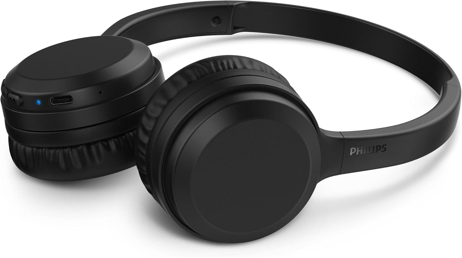 Fone de ouvido Philips TAH1108BK/55 preto, modelo on-ear, com design compacto e almofadas acolchoadas em couro sintético para conforto