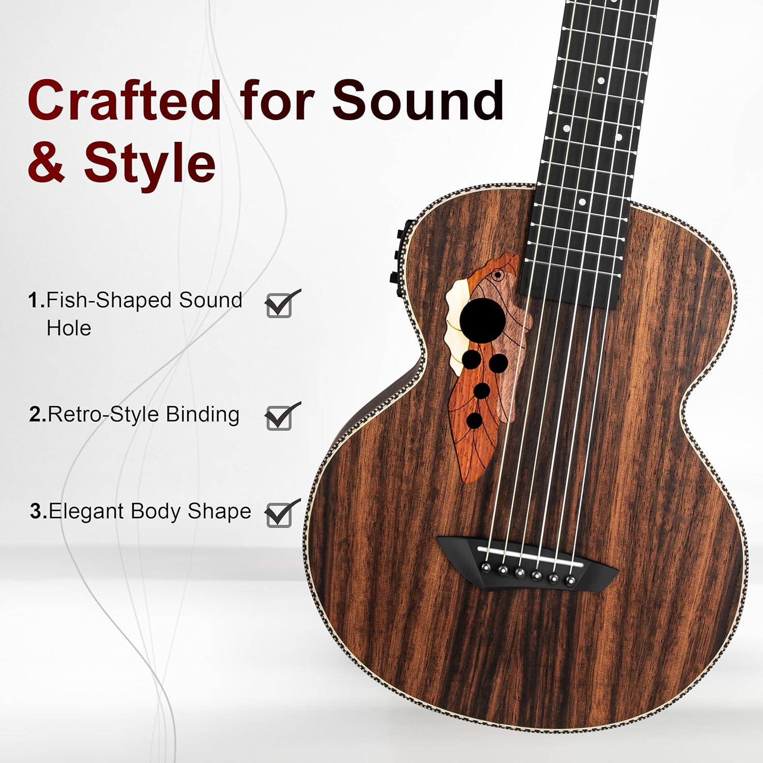 Close na parte frontal do corpo do Guitarlele Caramel CB904G mostrando buraco do som em formato de peixe, bordas com acabamento estilo retrô e formato elegante do corpo.