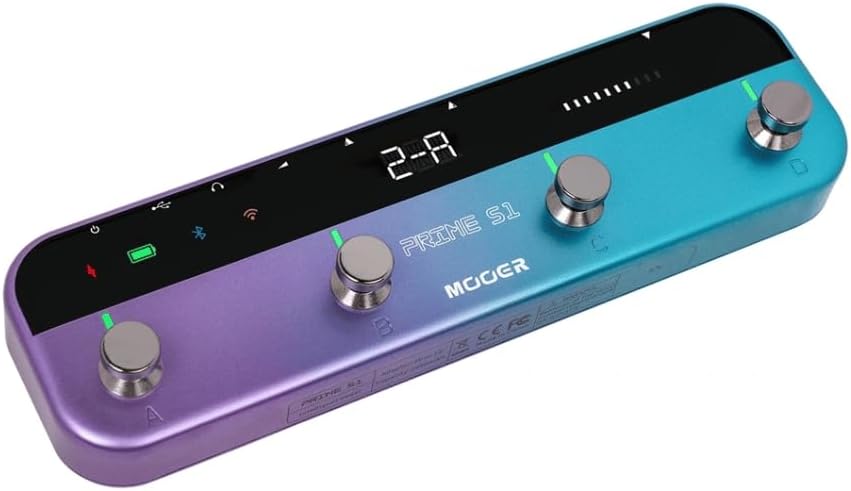 Pedaleira multiefeitos Mooer Prime S1 com acabamento em degradê azul e roxo, quatro botões rotativos e tela digital.