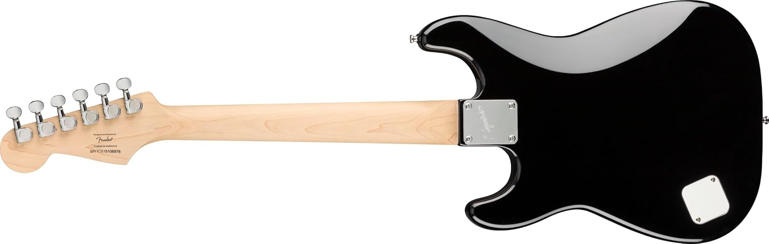 Imagem da parte traseira da guitarra Fender Mini Stratocaster preta brilhante