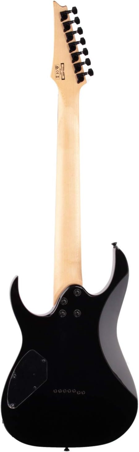 Vista traseira da guitarra Ibanez GRG7221 GIO 7 cordas com braço em maple e acabamento preto brilhante
