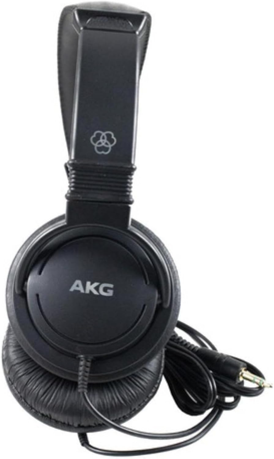 Fone de ouvido AKG K21 preto, vista lateral mostrando concha auricular com logo AKG.