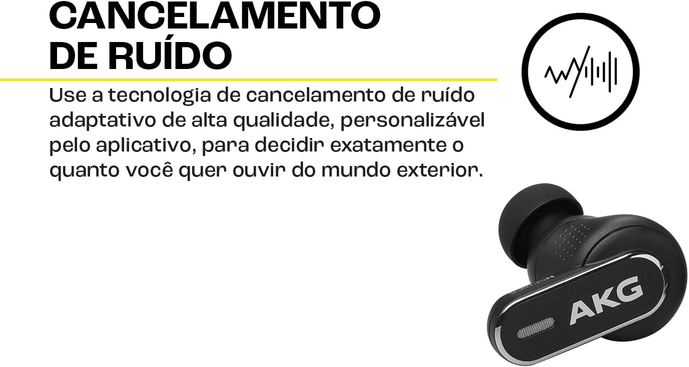 Imagem com texto destacando o cancelamento de ruído adaptativo de alta qualidade, personalizável via aplicativo. Mostra um fone AKG N5 Hybrid preto, formato in-ear, com logo AKG visível. Fundo branco.