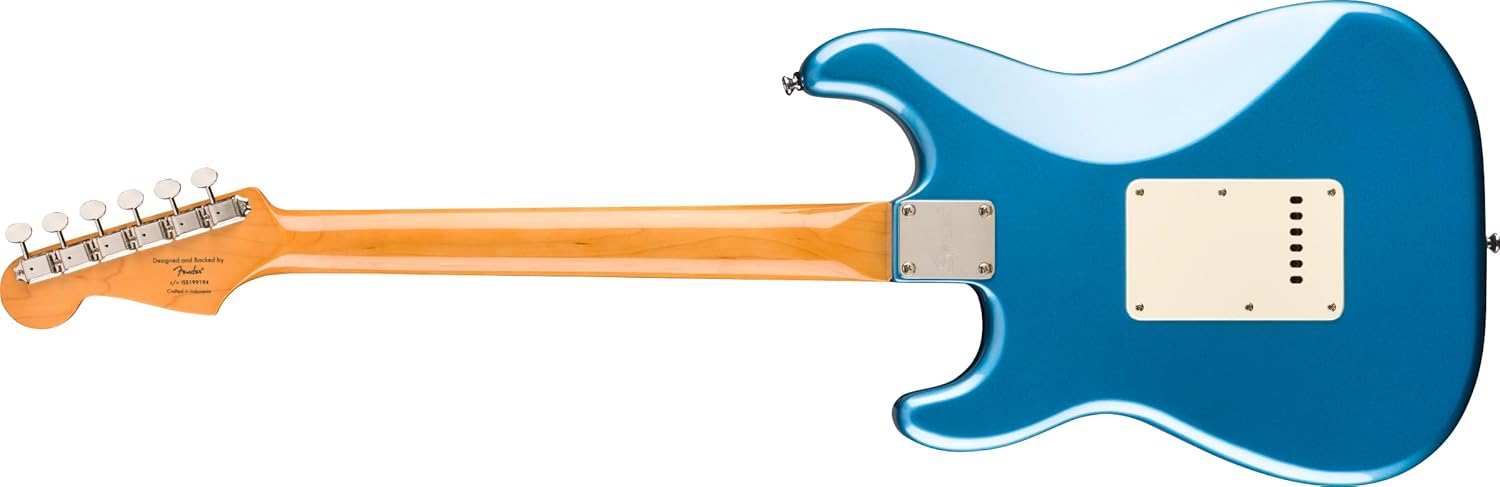 Vista traseira da guitarra elétrica Fender Classic Vibe '60s Stratocaster azul metálico