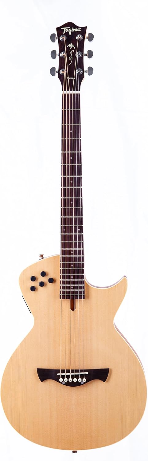 Violão Tagima Classic Modena ST com acabamento Natural Satin, corpo em formato single cutaway, tampo em madeira clara com textura satinada, braço em madeira escura com trastes e marcações brancas, e o