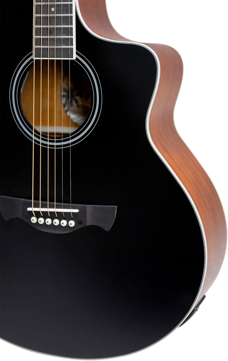 Close no corpo do violão Tagima JF EQ-BKOP mostrando acabamento preto brilhante e corte cutaway