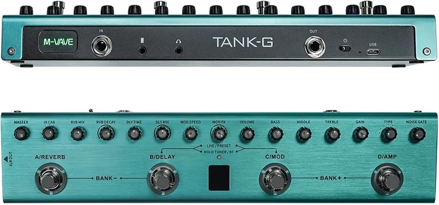 Pedal de efeitos para guitarra VEDO M-vave Tank-G azul metálico com múltiplos botões e pedais rotativos