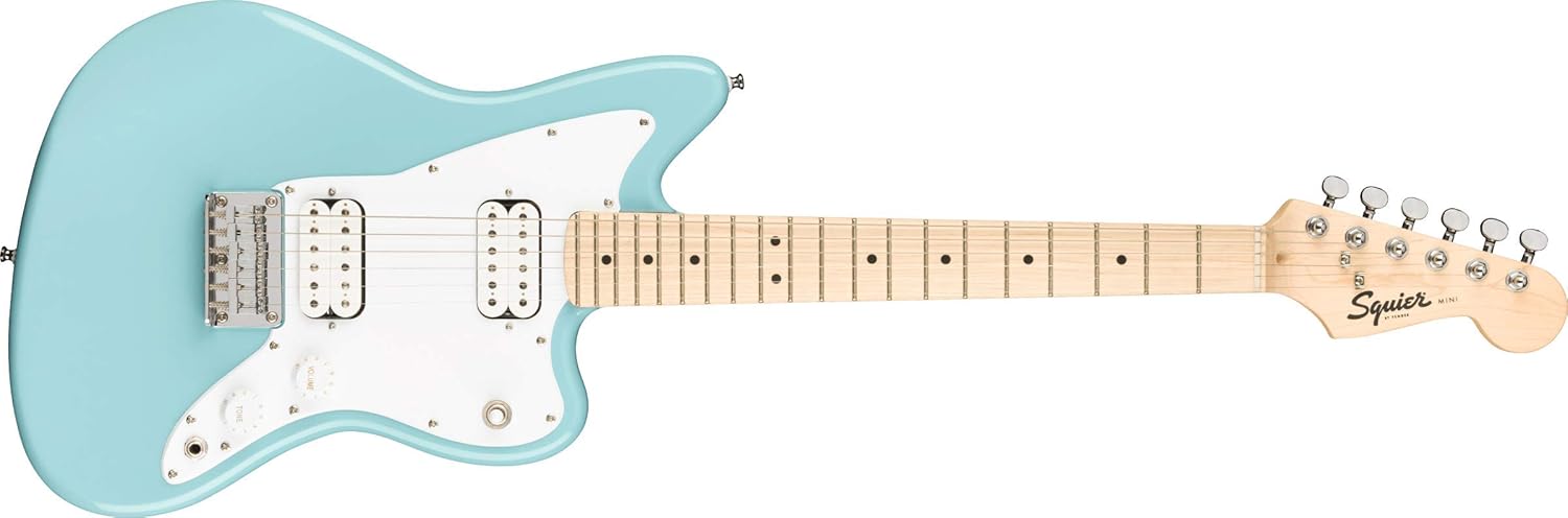 Guitarra elétrica mini Jazzmaster da marca Squier by Fender, acabamento azul claro brilhante.