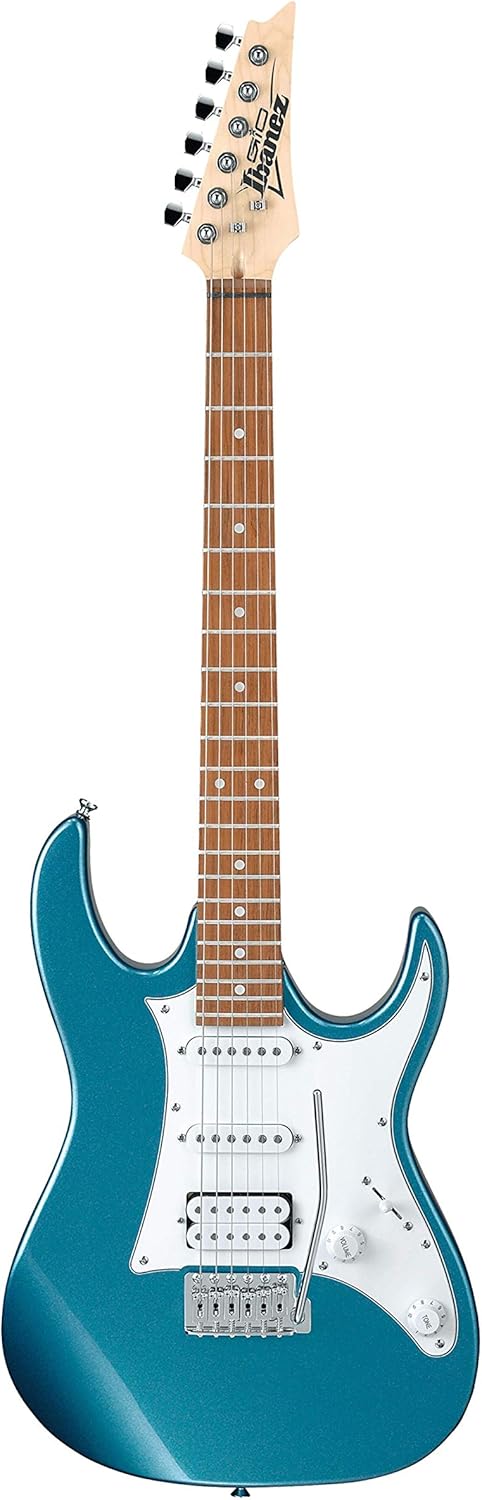Imagem frontal de uma guitarra elétrica Ibanez GIO GRX40 com acabamento azul metálico claro brilhante