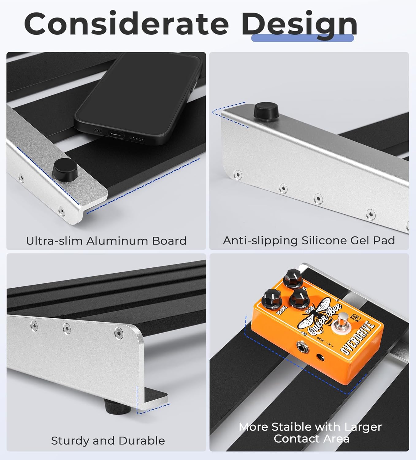 Detalhes do design da pedaleira Vangoa: placa ultra fina de alumínio, almofadas de gel de silicone antiderrapantes